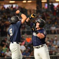 Somerset Patriots' Anthony Seigler congratulates Elijah Dunham