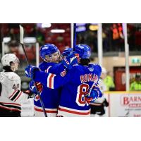 Kitchener Rangers' Luca Romano celebrates with teammates